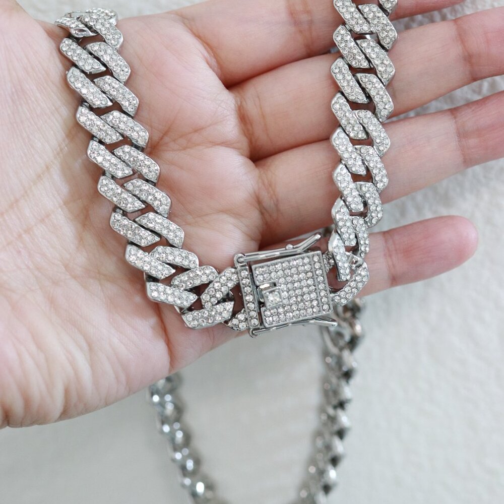 14mm Miami Cuban Ice Point Curb Diamond Chain Silver Plated Necklace
